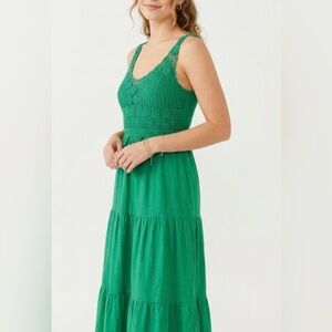 JGee Green Crochet Tiered Maxi Dress - Smocked Back, Bralette Padding, Size M